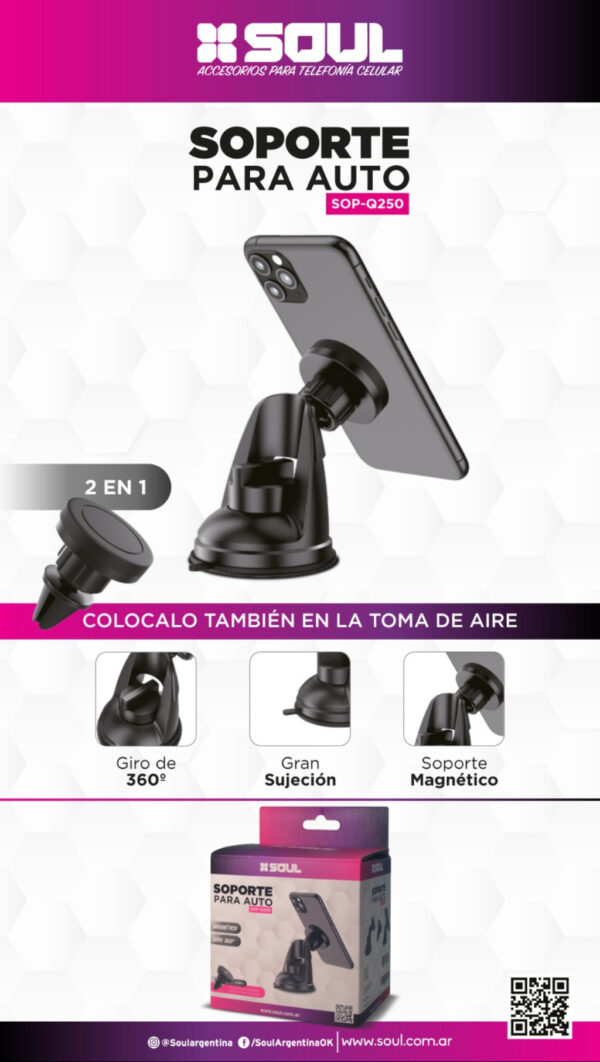 SOPORTE AUTO SOUL UNIVERSAL 2EN1 AIR IMANTADO Q250
