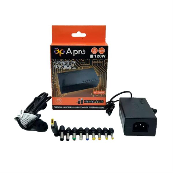 CARGADOR NOTEBOOK UNIVERSAL APRO 120W 12/24V AP-CAR50 SELECTOR DE VOLTAJE